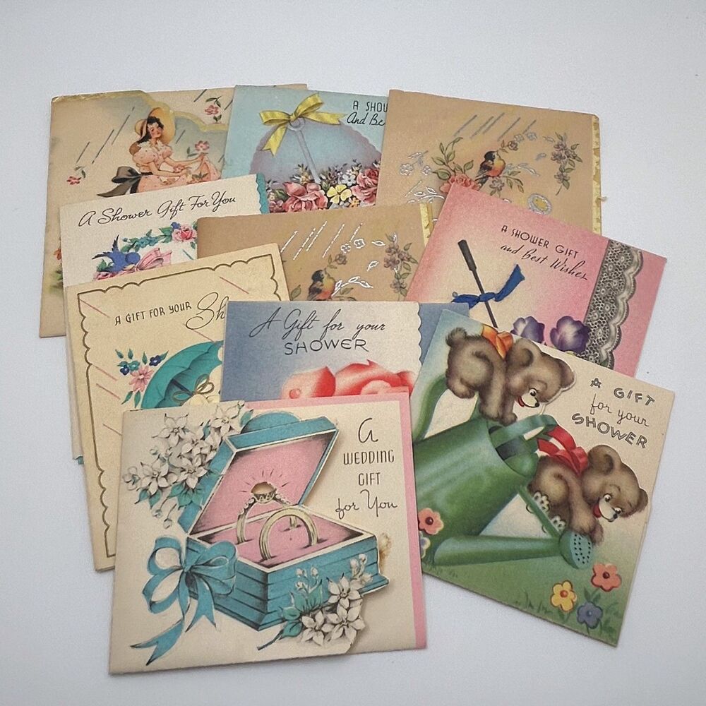 Lot 10 Vintage 1940s Wedding Shower Cards Gibson Forget Me Not Ephemera Used